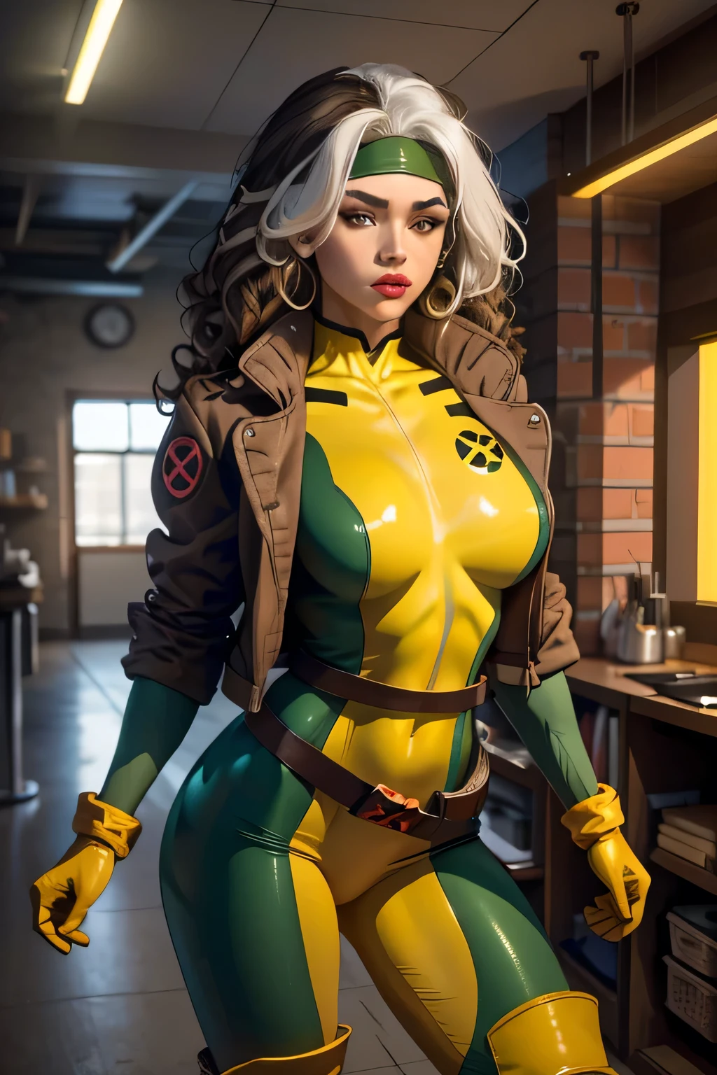 good anatomy, masterpiece, best quality, bokeh, depth of field, highres, high quality, 1girl,
CARTOON_X_MENs_Rogue,ownwaifu,
long hair,breasts,brown hair,green eyes,lipstick,makeup,lips,white hair,two-tone hair,headband,wavy hair,large breasts,messy hair,curly hair,big_hair,
yellow bodysuit,jacket,gloves,belt,yellow gloves,green bodysuit,bodysuit,multicolored bodysuit,superhero, skin tight,multicolored clothes,
