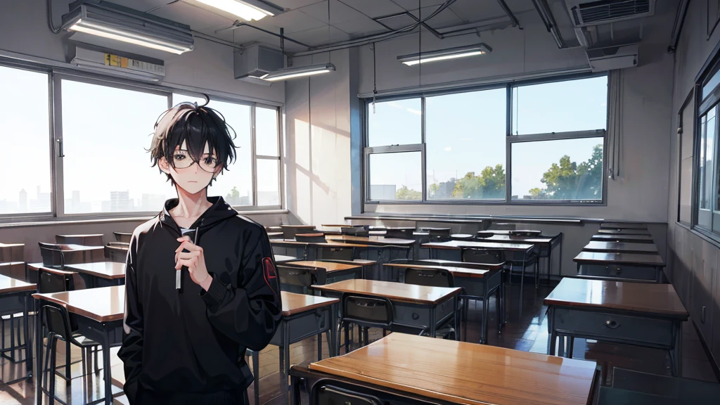 young man, black hair, black eyes, glasses, high  , classroom, quiet, gloomy, introvert
