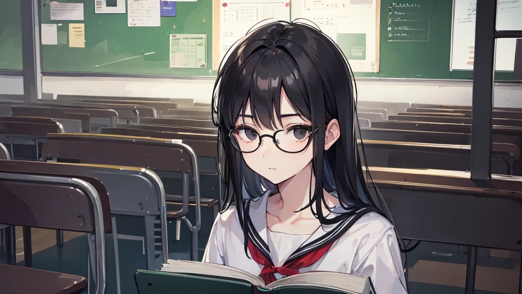 young man, black hair, black eyes, glasses, high , classroom, quiet, gloomy, introvert