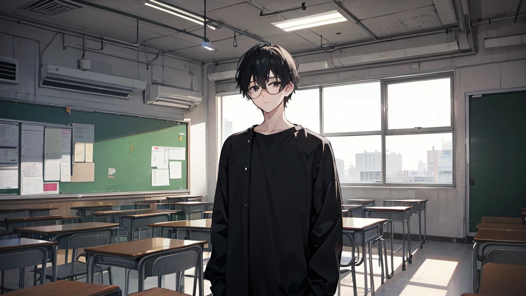 young man, black hair, black eyes, glasses, high  , classroom, quiet, gloomy, introvert