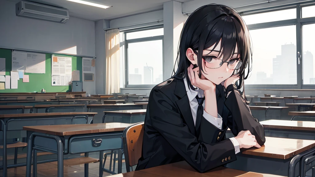 young man, black hair, black eyes, glasses, high  , classroom, quiet, gloomy, introvert