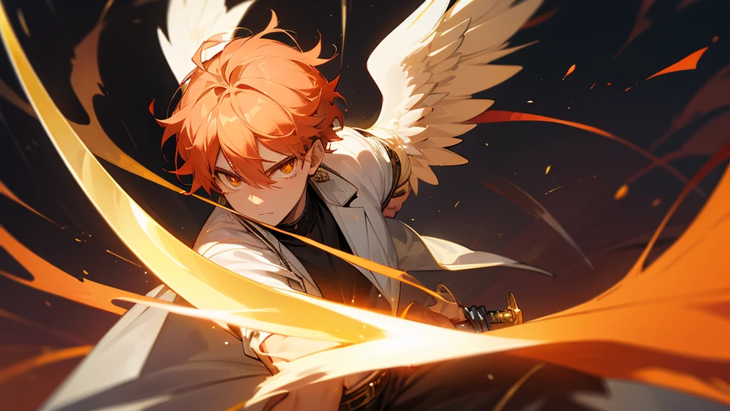 man angel, realisitic, holding sword, gold eyes, fiery eyes