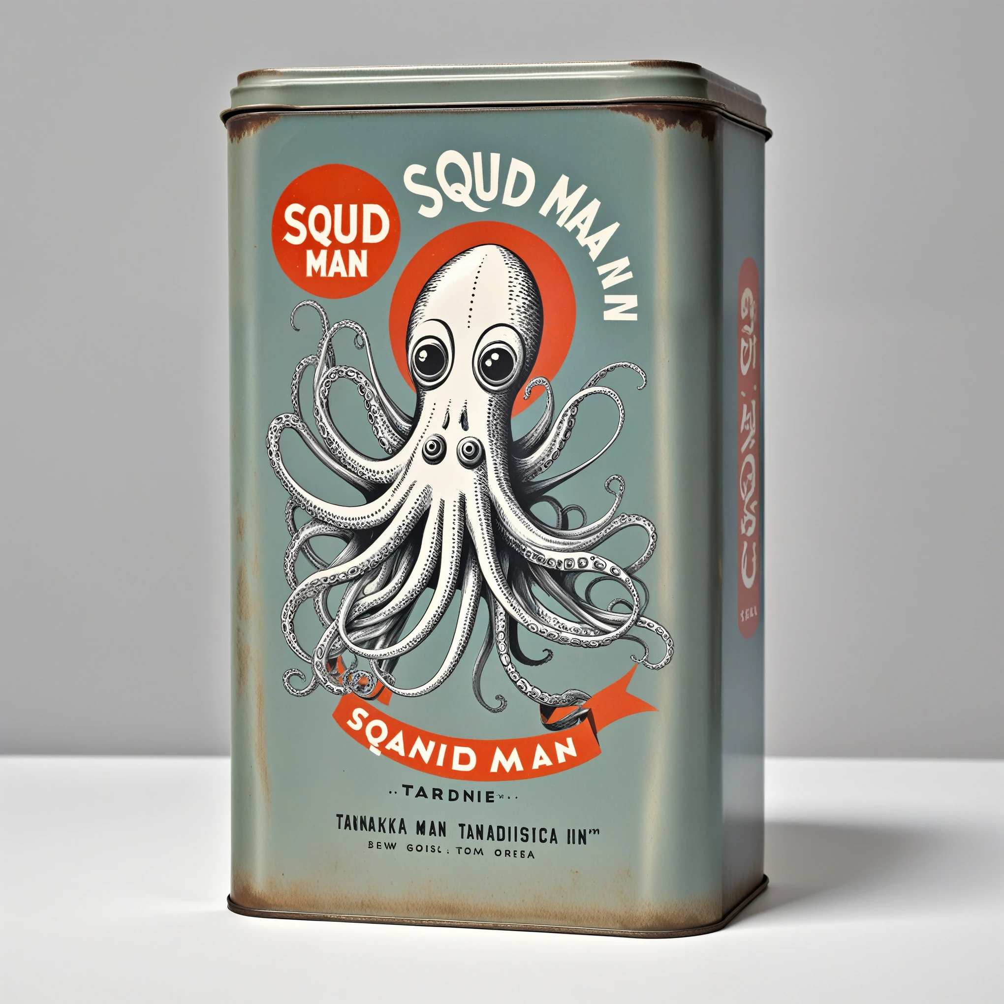 Squid man in traditional flat sardine tin, logo, Tanaka Ikko, Reid Miles, modernist, mid century, helvetica,