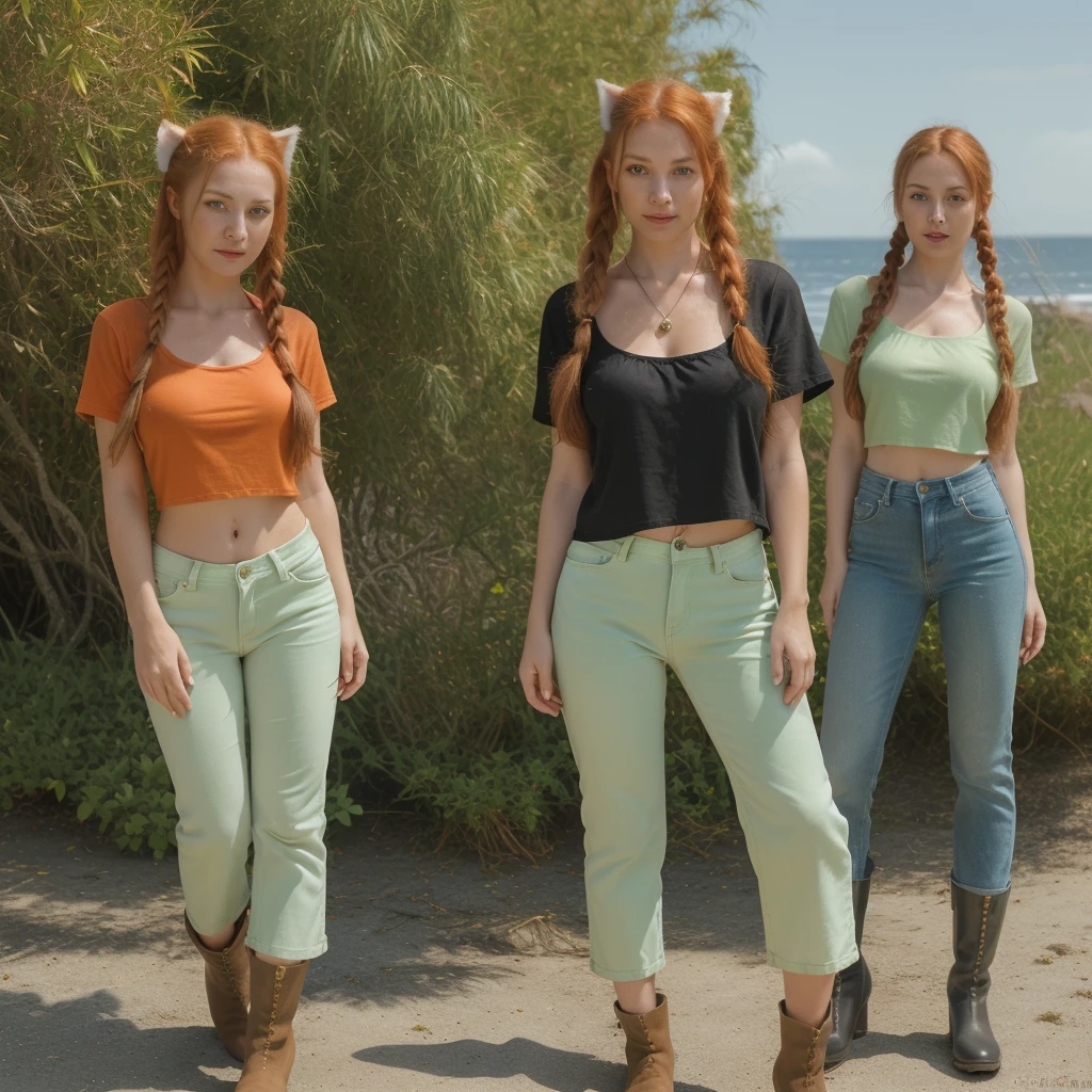Cute catgirl, 31 years old, 5' 9" tall, flowing ginger hair in pigtails, bright gree eyes that shimmer like emeralds, fair skin, orange cropped t-shirt, green low rise jeans, black boots, jewelry, accessories, standing in front of a coastline, well lit, extremely detailed, 8k UHD