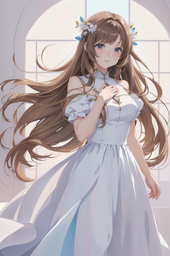 anime girl with long brown hair and white dress in a white room, anime goddess, cute anime waifu in a nice dress, beautiful anime girl, beautiful fantasy anime, anime girl with long brown  hair, beautiful anime woman, anime fantasy artwork, beautiful alluring anime woman, ethereal anime, anime style 4 k, anime art wallpaper 8 k, beautiful anime artwork