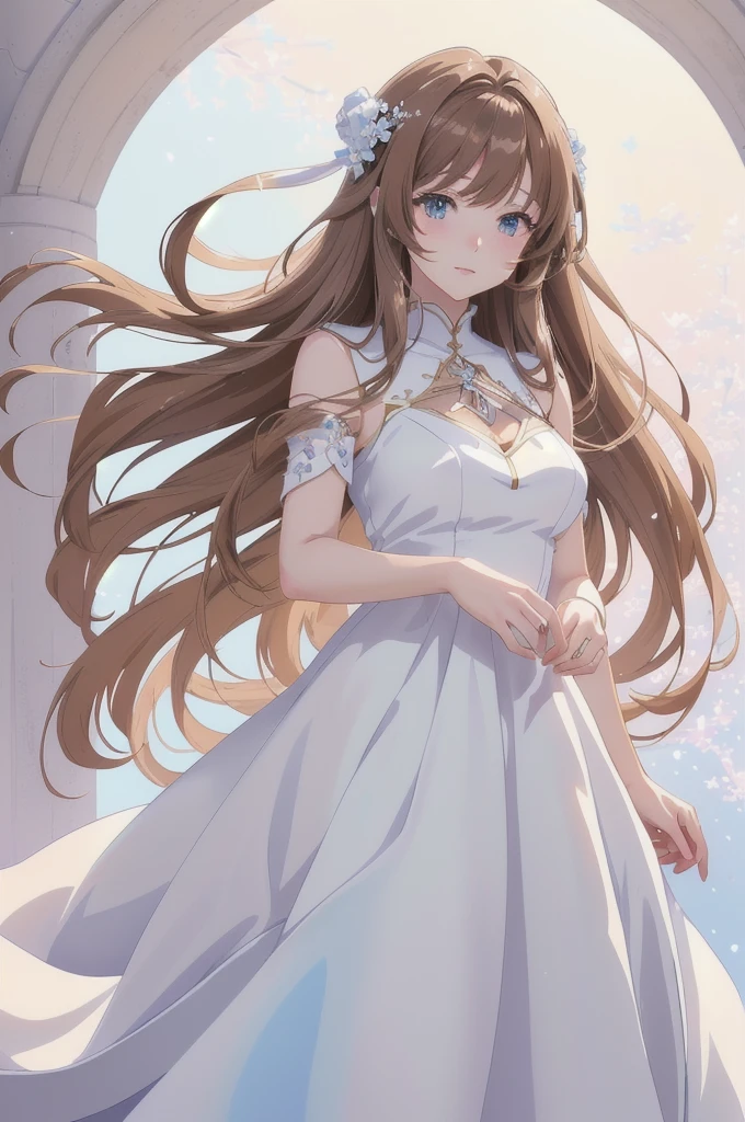 anime girl with long brown hair and white dress in a white room, anime goddess, cute anime waifu in a nice dress, beautiful anime girl, beautiful fantasy anime, anime girl with long brown  hair, beautiful anime woman, anime fantasy artwork, beautiful alluring anime woman, ethereal anime, anime style 4 k, anime art wallpaper 8 k, beautiful anime artwork