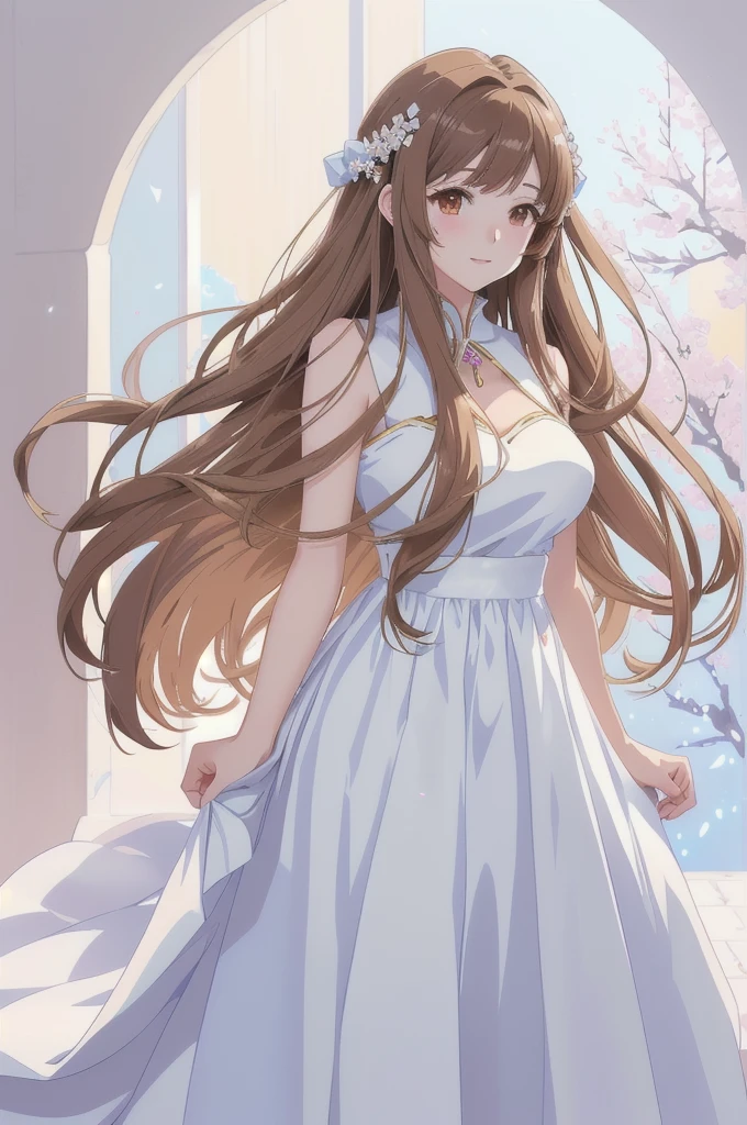 anime girl with long brown hair and white dress in a white room, anime goddess, cute anime waifu in a nice dress, beautiful anime girl, beautiful fantasy anime, anime girl with long brown  hair, beautiful anime woman, anime fantasy artwork, beautiful alluring anime woman, ethereal anime, anime style 4 k, anime art wallpaper 8 k, beautiful anime artwork