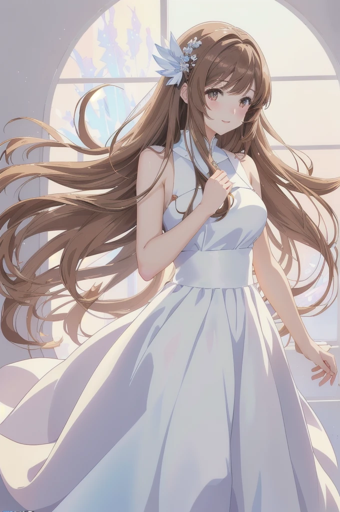 anime girl with long brown hair and white dress in a white room, anime goddess, cute anime waifu in a nice dress, beautiful anime girl, beautiful fantasy anime, anime girl with long brown  hair, beautiful anime woman, anime fantasy artwork, beautiful alluring anime woman, ethereal anime, anime style 4 k, anime art wallpaper 8 k, beautiful anime artwork