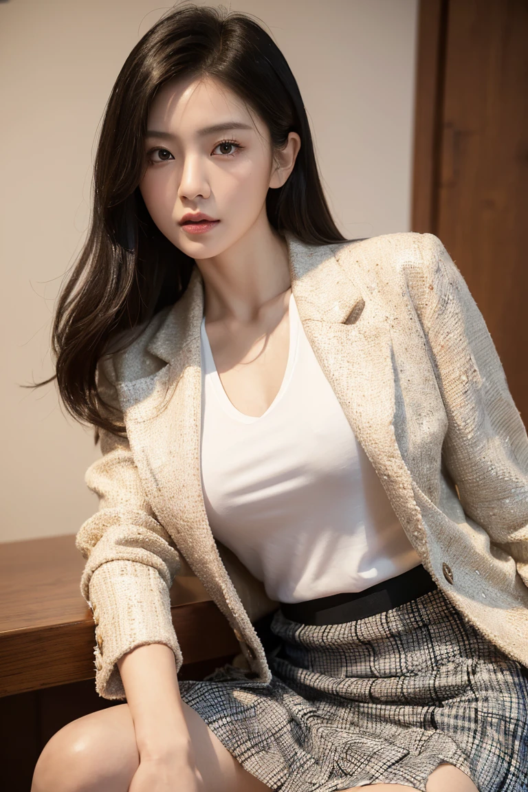 uhd, retina, masterpiece, accurate, anatomically correct, textured skin, super detail, high details, high quality, Awards, best quality, mackerel, 4K,Women over 20 years of age, (((blouse, blazer, Check skirt)))、sexy panties, Japanese beautiful woman、beautiful asian woman、Beautiful Korean Woman、Sexual facial expressions,sexy pose,beautiful face,black eye,white-skinned,small mouth,Protruding cheekbones (definition), sexy pose,(lean forward:1.3), ((lift one&#39;s skirt)), (realistic:1.4), cowboy shot, 1 Beautiful Japanese Girl, supermodel, (sit at the desk:1.1), (:1.4), (((skirt lift: 1.6))), (((school classroom background:1.1))),