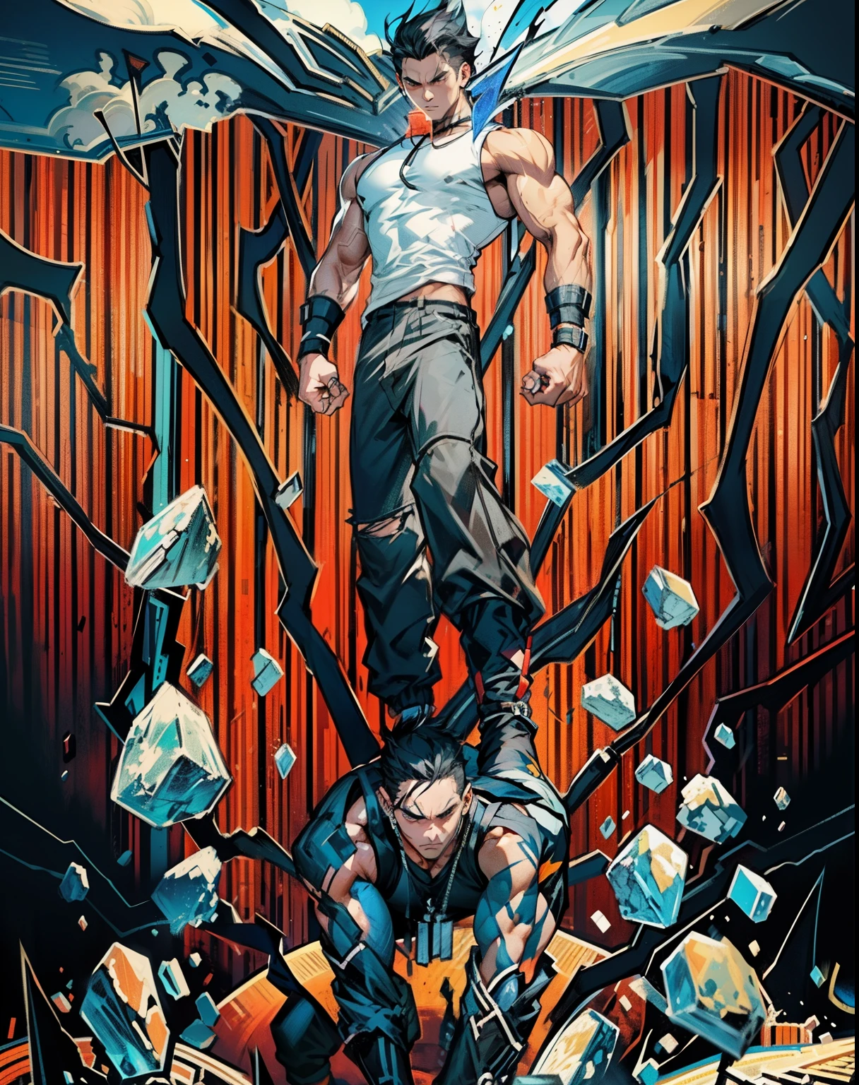 boys 26 Years old, Serious face, wearing black sleeveless shirt, black pants, black hair, levitate on sky, blue sky, cloud