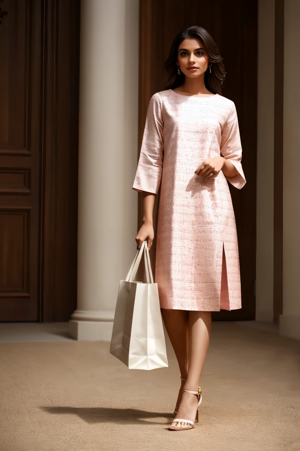 In this cinematic portrait, an elegant Indian model stands poised, dressed in a sophisticated (pink brown kurti))with intricate floral patterns. The kurti features a ((round neckline))with a subtle front slit, elbow-length sleeves, and a straight cut that falls just below the knee with side slits for ease of movement. She pairs it with stylish white ((strappy heels)), adding a modern twist to her traditional outfit.
The model's posture is confident and graceful, with one ((hand resting on her hip))and the other holding a chic ((white tote bag)). Her soft smile and engaging eyes create a captivating connection with the viewer. The dark background and expert use of rim lighting highlight her silhouette, while key lights accentuate the rich textures and details of the kurti. The interplay of light and shadow adds depth and dimension, creating a timeless and elegant ambiance. This cinematic lighting effect enhances the model's natural beauty and the sophisticated charm of her attire.
