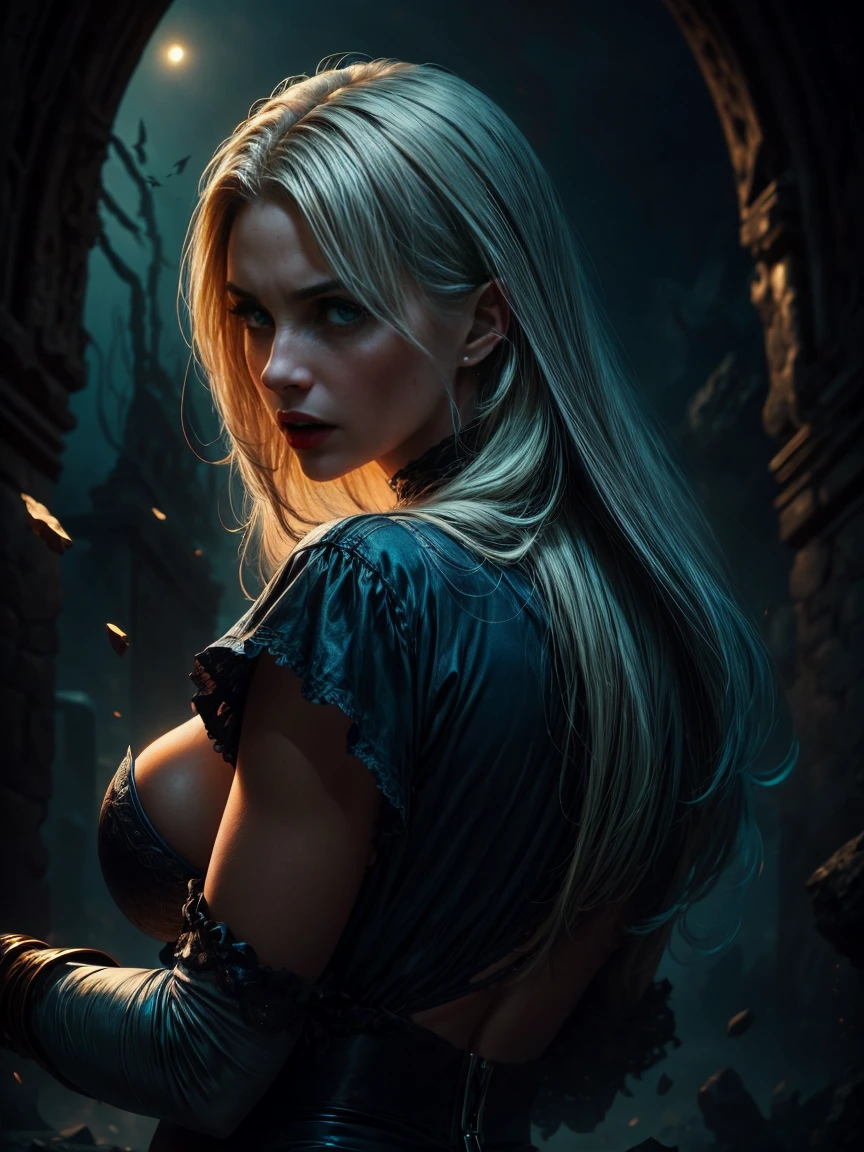 In the foreground, Delilah, an attractive woman with an enigmatic and treacherous look, long blue blonde hair, a full back image looking at the camera. ancient and biblical vertigo. hyper realistic, cinematic, poignard dans la main, vampire crocs