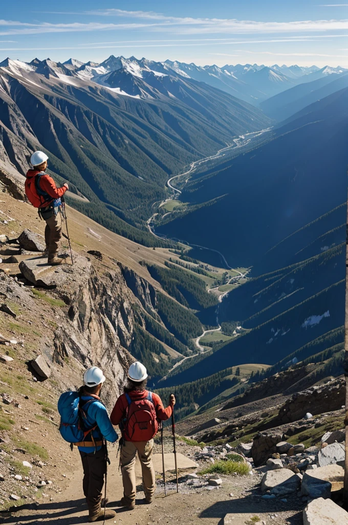 couple of mountaineers observing a building infrastructure