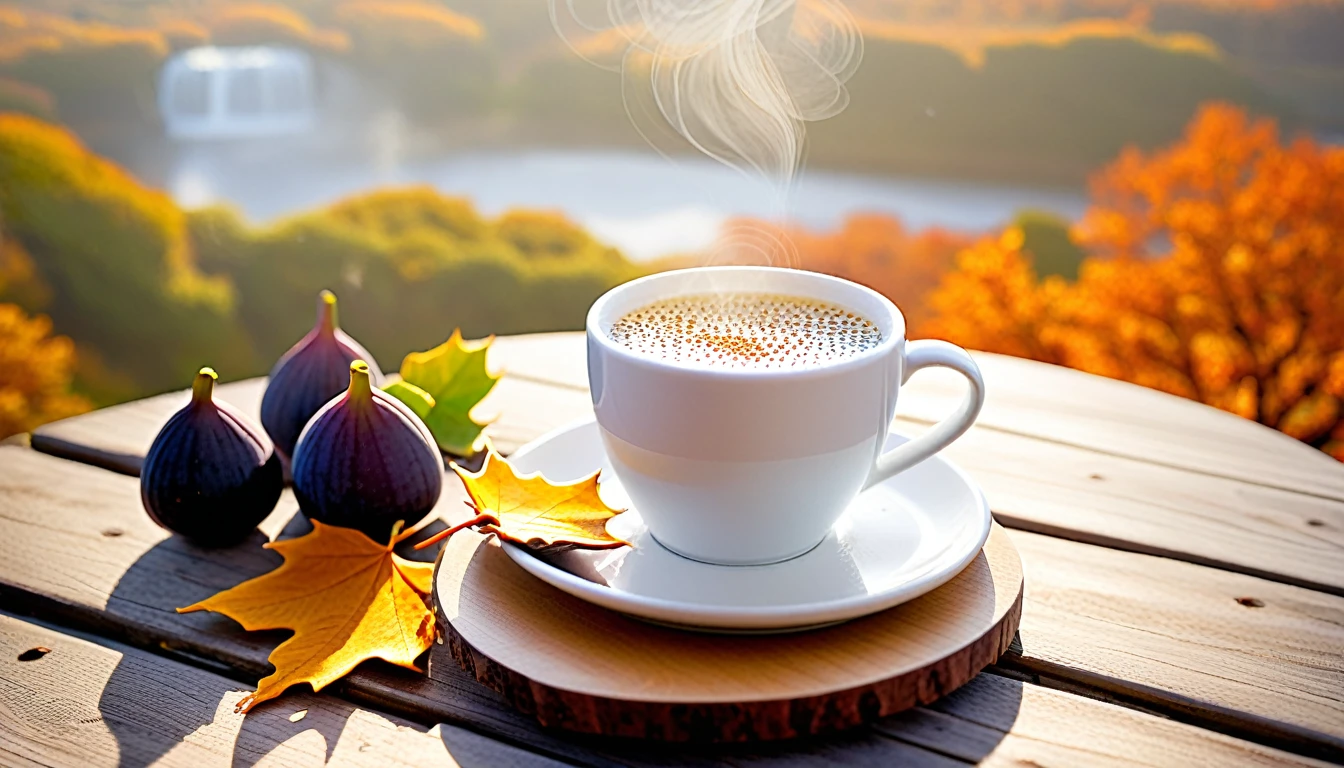 Create an image of a cozy autumn atmosphere morningby featuring a steaming white cup with american imageon a wooden coaster. The cup is adorned with a design of fallen leaves that matches the orange leaves scattered around it. Ripe and cut figs lie nearby, and the scene is illuminated by the warm light of the morning sun, which hints at a peaceful morning atmosphere. This atmosphere is enhanced by the potted plants that add to the serene atmosphere. and the beautiful natural scenery in the background.