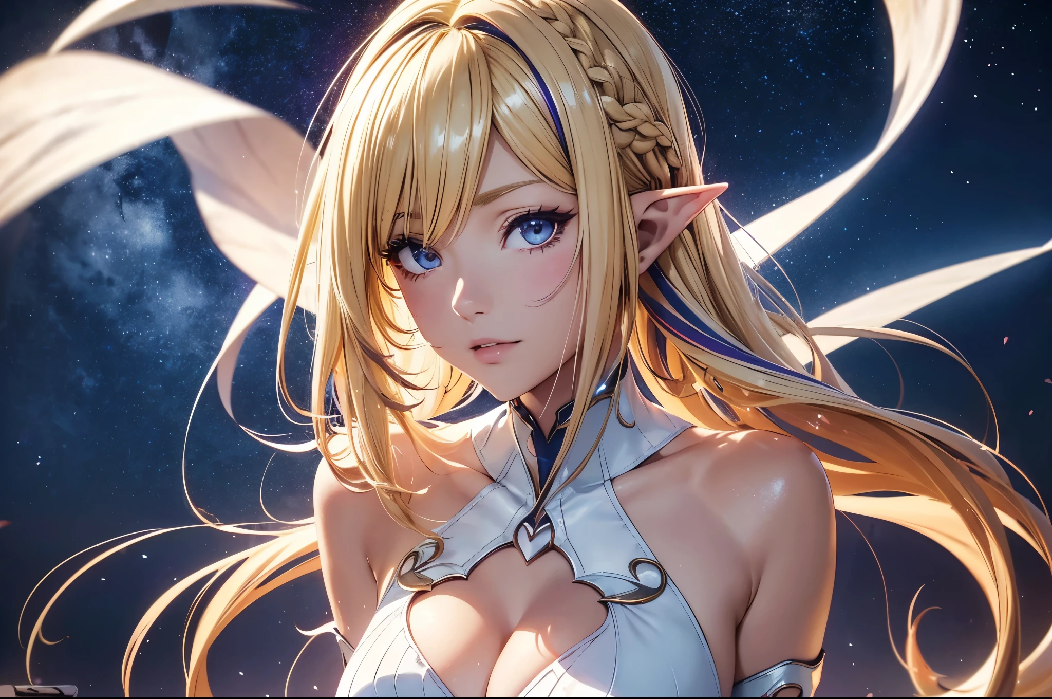 1 elf girl, one person solo, love and heart, (beautiful elf lady), (honey blonde hair Gradient sliver white end:1.6), (streaked beige-blue hair:1.4), (absurdly long wavy hair), hair strand, single sidelock, shiny hair, floating hair, (symphony purple eyes), high-detailed and delicate eyes, colourful eyes makeup, red lips, ultra detailed facial, upturned elf pointy ears, porcelain skin, warm tone skin, whole body, extreme detailed, break, 
  Extra long white detailed classic dress, Graphic printing clothes, classic and simple clothing masterpiece, (several heart swirl around the body), ( _give heart _give love:1.4
), break, 
  Walking on the street, in the cyberpunk future city, old street, looking at the starry night sky, star night, meteor, cloud, neon, heart, detailed background, beautiful background, bloom, break, 
  Full body, photography art, shallow depth of field, fine focus, 8K photo, chiaroscuro, sparkle, Volumetric lighting, [Edge lighting], studio lighting, cinematic lighting, (realistic, photorealistic, photo-realistic:1.37), ultra-fine painting, break,
  Love theme anime, Loving theme illustration, (the art of crossover ancient classics with future technology), realism, イーブイの絵, best quality, 8K quality, HDR, UHD, 8K, super detail, masterpiece, highres, curate, retina, perfect CG, CG unity, physically-based render, Octane Render, 3D Render,