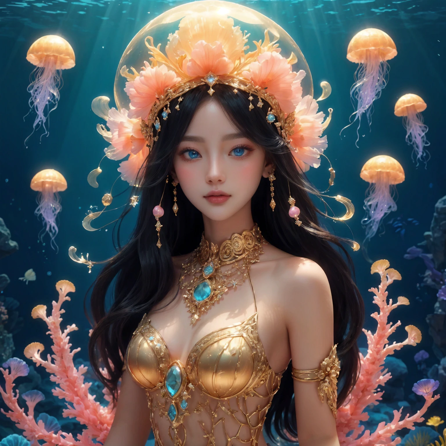 woman , sea blue eyes  , pink mouth ,Dressed in gold, standing in front of a crescent moon., goddess of heaven, goddess of the moon, anime goddess, beautiful heavenly mage, lunar goddess, Moon Goddess, Golden Lotus Princess, Goddess of the Galaxy, Beautiful Fantasy Empress, ((Beautiful Fantasy Empress)), Goddess and Moon, As the sun goddess,, Goddess of space and time , jellyfish , Fine gold jewelry