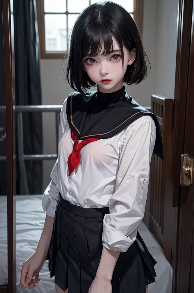 Highest quality, masterpiece, look up, cute,(Horror),(((Beautiful school girl))),(Sexy),(sexy),((Small breasts)),Baby Face,(Sailor suit),Black Hair,Bobcut,Beautiful Style,((Pale skin)),Sensual look,Embarrassed,Sexy表情,Expressions of delight,(Dark atmosphere),(Dark atmosphere,fear),((Dim lighting))