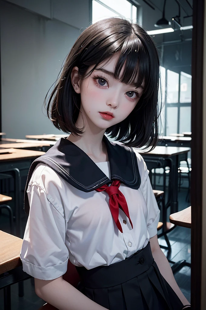 Highest quality, masterpiece, look up, cute,(Horror),(((Beautiful school girl))),(Sexy),(sexy),((Small breasts)),Baby Face,(Sailor suit),Black Hair,Bobcut,Beautiful Style,((Pale skin)),Sensual look,Embarrassed,Sexy表情,Expressions of delight,(Dark atmosphere),(Dark atmosphere,fear),((Dim lighting))