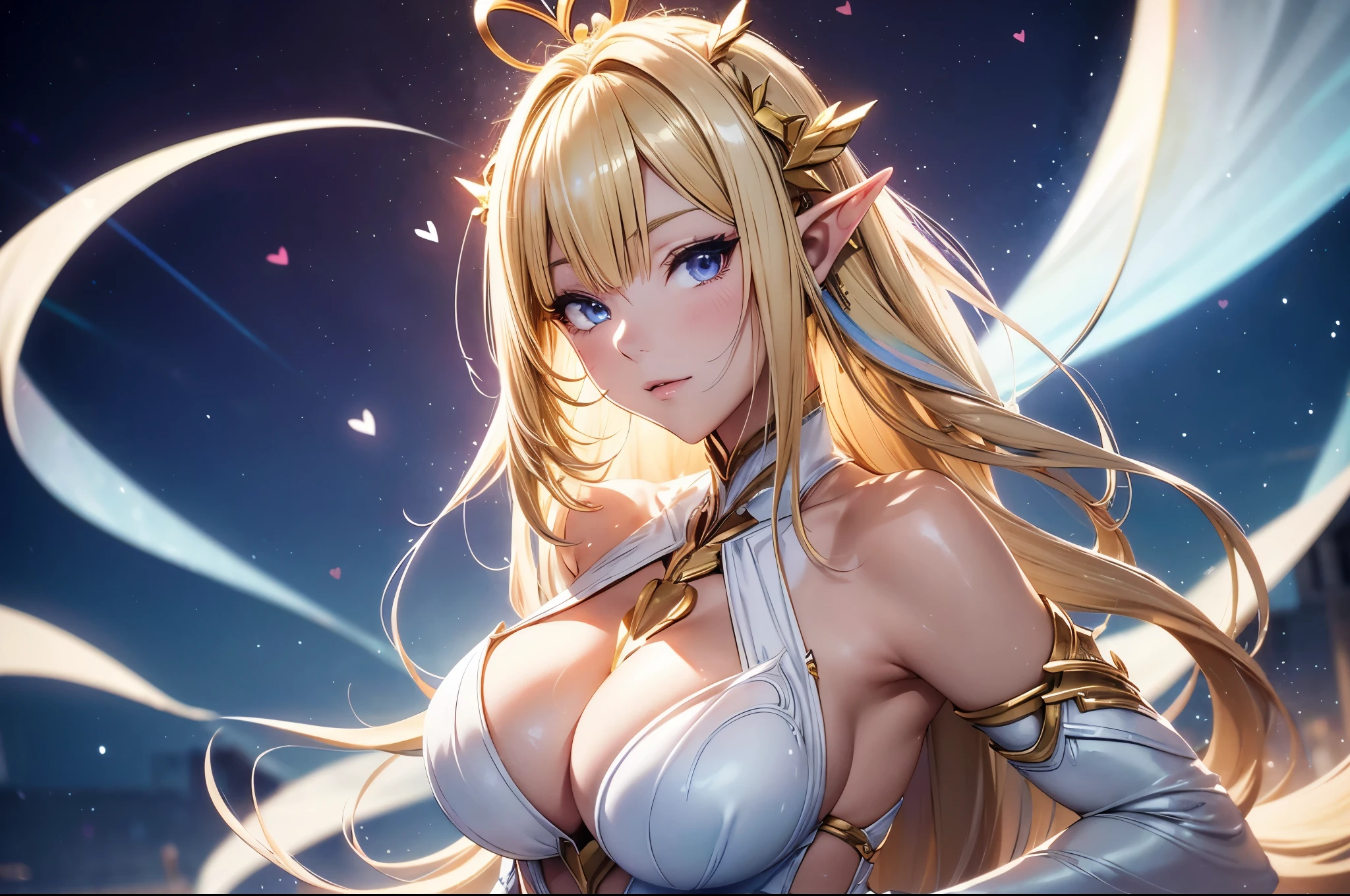 1 elf girl, one person solo, love and heart, (beautiful elf lady), (honey blonde hair Gradient sliver white end:1.6), (streaked beige-blue hair:1.4), (absurdly long wavy hair), hair strand, single sidelock, shiny hair, floating hair, (symphony purple eyes), high-detailed and delicate eyes, colourful eyes makeup, red lips, ultra detailed facial, upturned elf pointy ears, porcelain skin, warm tone skin, whole body, extreme detailed, break, 
  Extra long white detailed classic dress, Graphic printing clothes, classic and simple clothing masterpiece, (several heart swirl around the body), ( _give heart _give love:1.4
), break, 
  Walking on the street, in the cyberpunk future city, old street, looking at the starry night sky, star night, meteor, cloud, neon, heart, detailed background, beautiful background, bloom, break, 
  Full body, photography art, shallow depth of field, fine focus, 8K photo, chiaroscuro, sparkle, Volumetric lighting, [Edge lighting], studio lighting, cinematic lighting, (realistic, photorealistic, photo-realistic:1.37), ultra-fine painting, break,
  Love theme anime, Loving theme illustration, (the art of crossover ancient classics with future technology), realism, イーブイの絵, best quality, 8K quality, HDR, UHD, 8K, super detail, masterpiece, highres, curate, retina, perfect CG, CG unity, physically-based render, Octane Render, 3D Render,