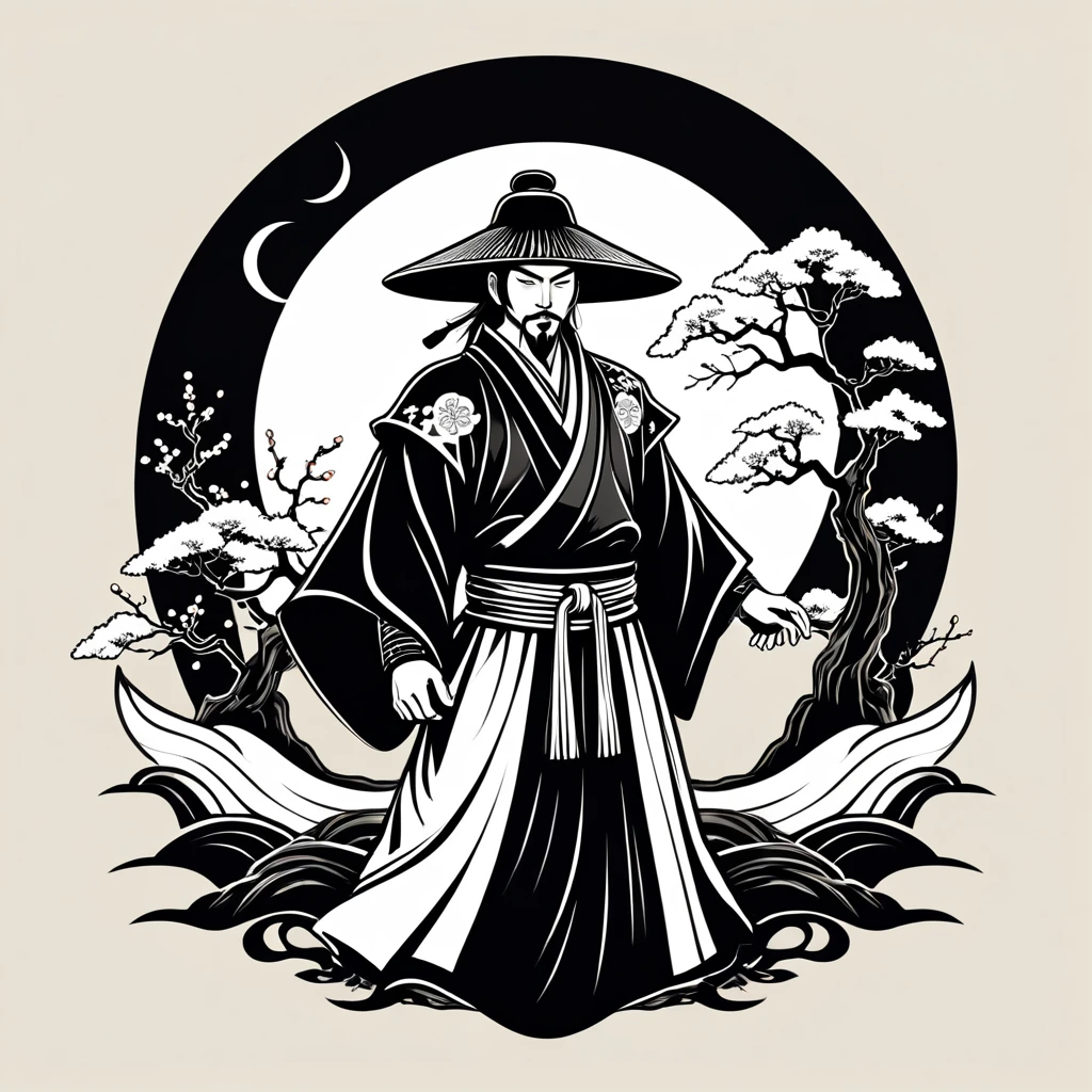 warlock in japanese folk outfit, vector graphics, strong contours, logo design