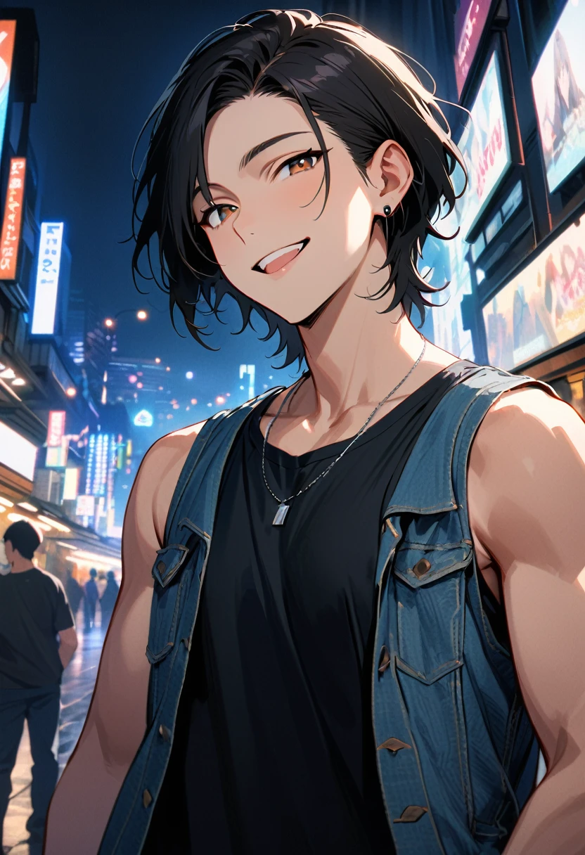(masterpiece, best quality:1.3), (A young man, 22-years-old, solo, Caucasian, mature face, shaggy tousled black hair, cheerful smile, mouth open, brown eyes, perfecteyes:1.1), (gray sleeveless denim jacket, black short sleeved t-shirt, small black earrings, thin silver necklace, Tokyo city, upper body, night:1.2)