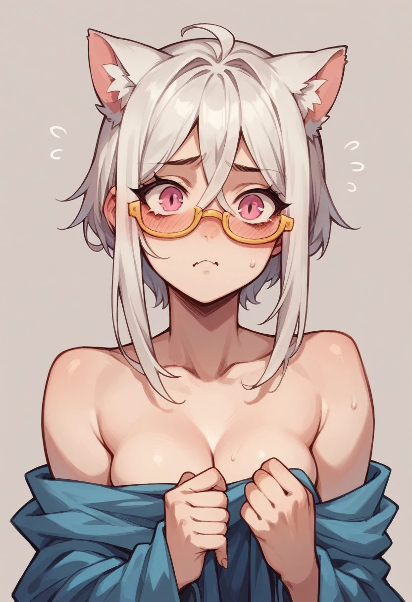 that has a fearful face, white hair, cat ears, yellow glasses and transparent super blushing pink eyes that has a towel around it and is in spaghetti and has a cat tail that is a super fearful girl