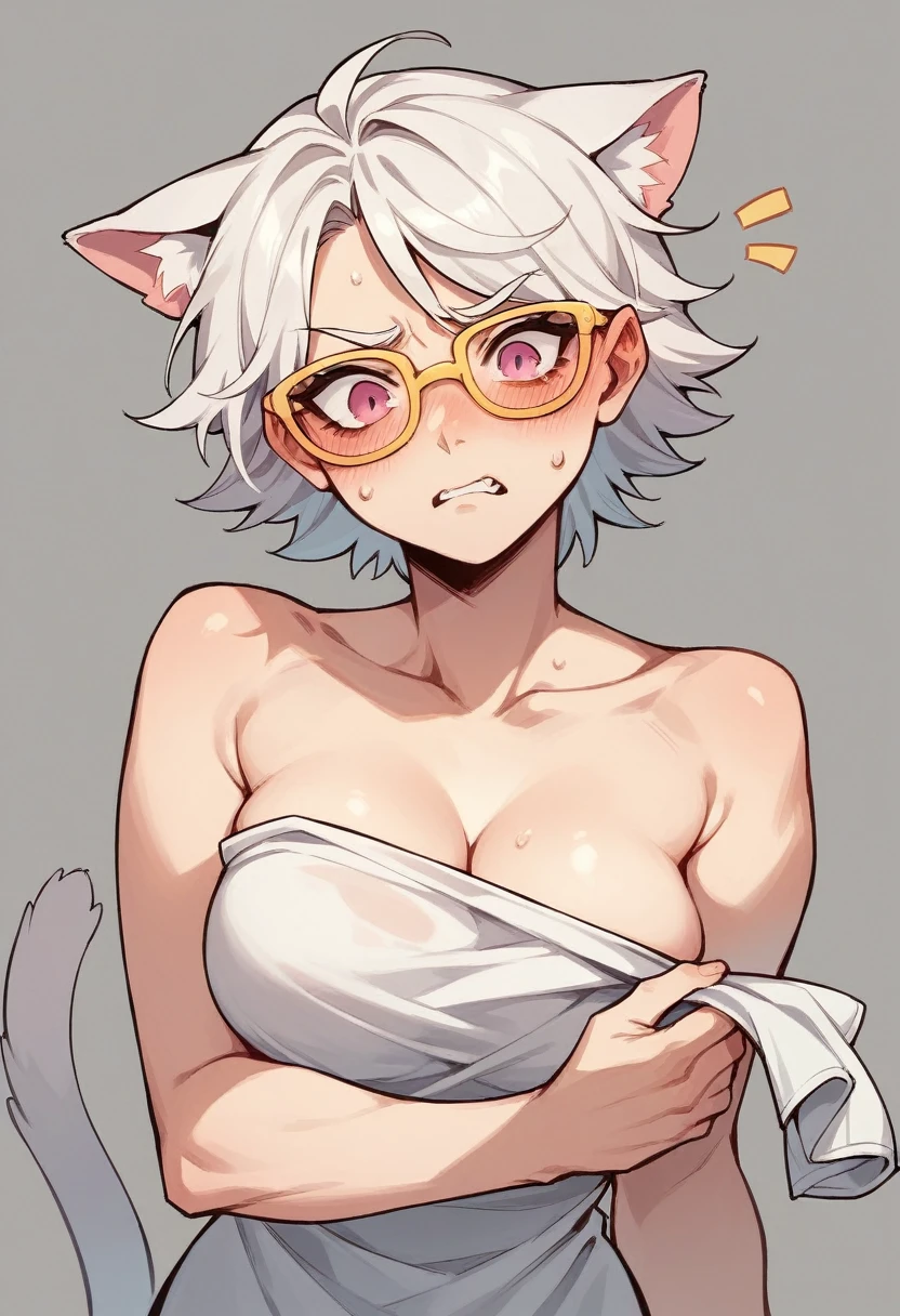 that has a fearful face, white hair, cat ears, yellow glasses and transparent super blushing pink eyes that has a towel around it and is in spaghetti and has a cat tail that is a super fearful girl