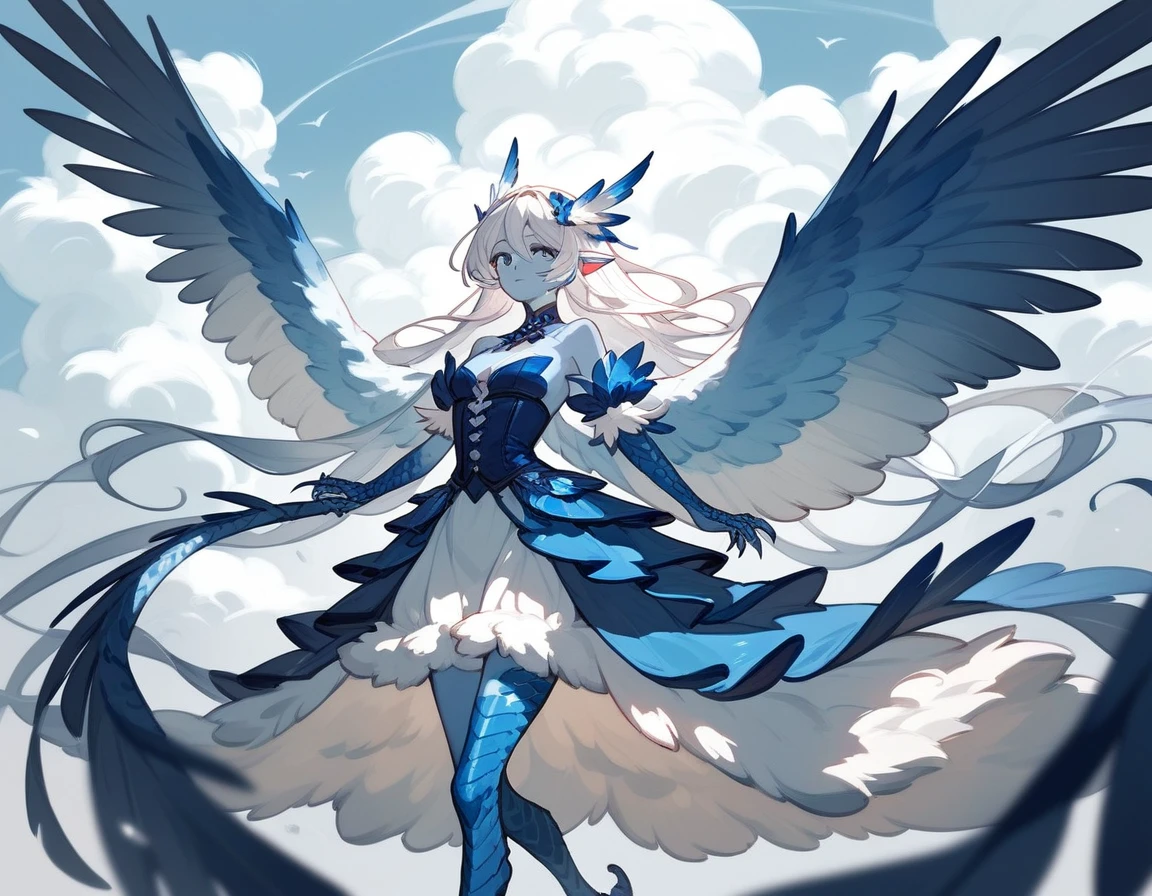 (score_9,score_8_up,score_7_up,score_6_up,score_5_up,score_4_up) Harpy-dragon monster girl with white fluffy cloud-like wings and bright blue skin with long hair and two blue long tendrils drifting from it and wearing a dress made of white fluffy clouds
