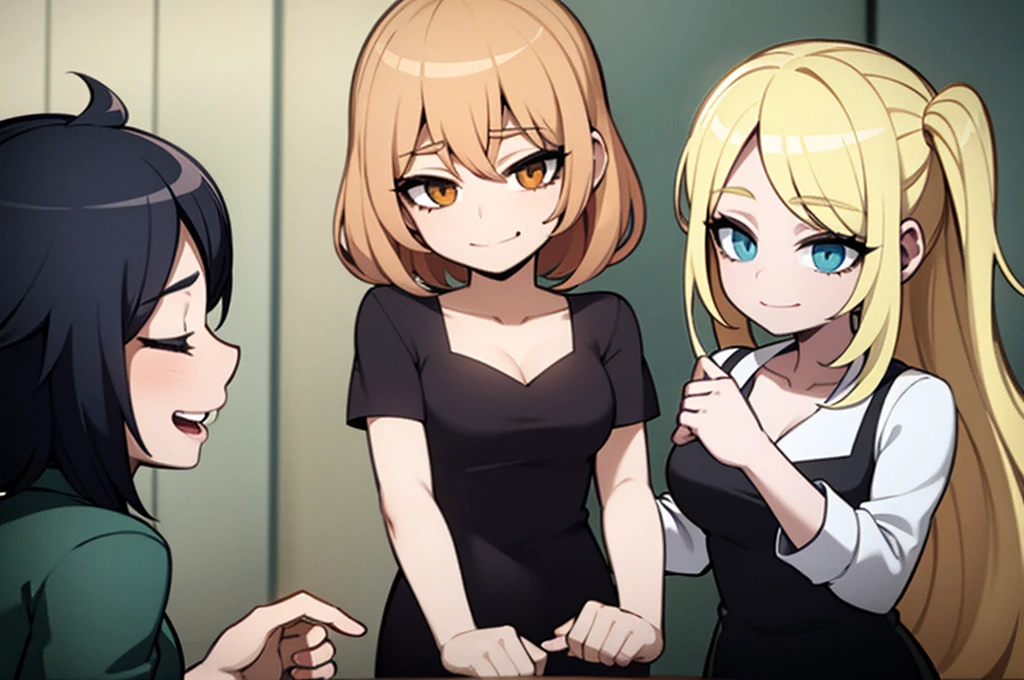 three sexy women on a date with 4 years old boy with blonde hair, flirtatious smiles, both women looking at boy