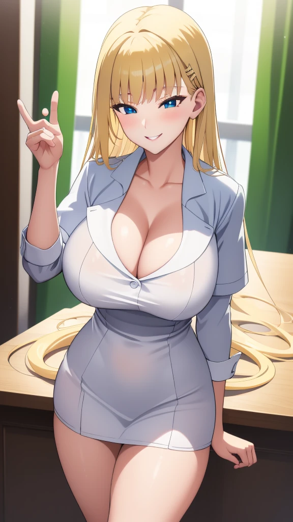 (Highest quality:1.5, High resolution, 超High resolution, 4K, Detailed lighting, Shaders, Perfect Hand Anatomy), Blonde Straight Hair, Big Breasts, Nurse uniform, Cleavage, Thighs, smile, throw, Close-up shot, Are standing, Hospital Background