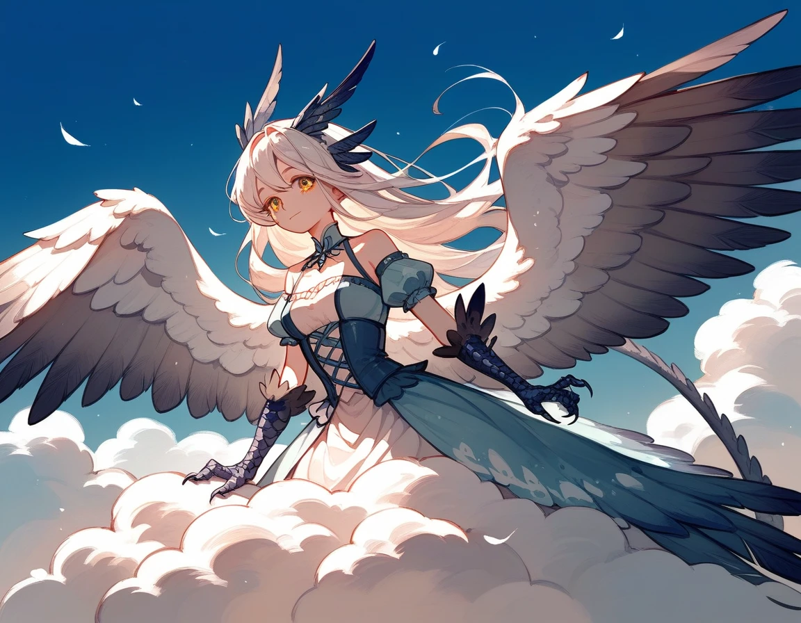 (score_9,score_8_up,score_7_up,score_6_up,score_5_up,score_4_up) ornamental watercolor art style, Harpy-dragon monster girl with white fluffy cloud-like wings and bright blue skin with long hair and two blue long tendrils drifting from it and wearing a dress made of white fluffy clouds