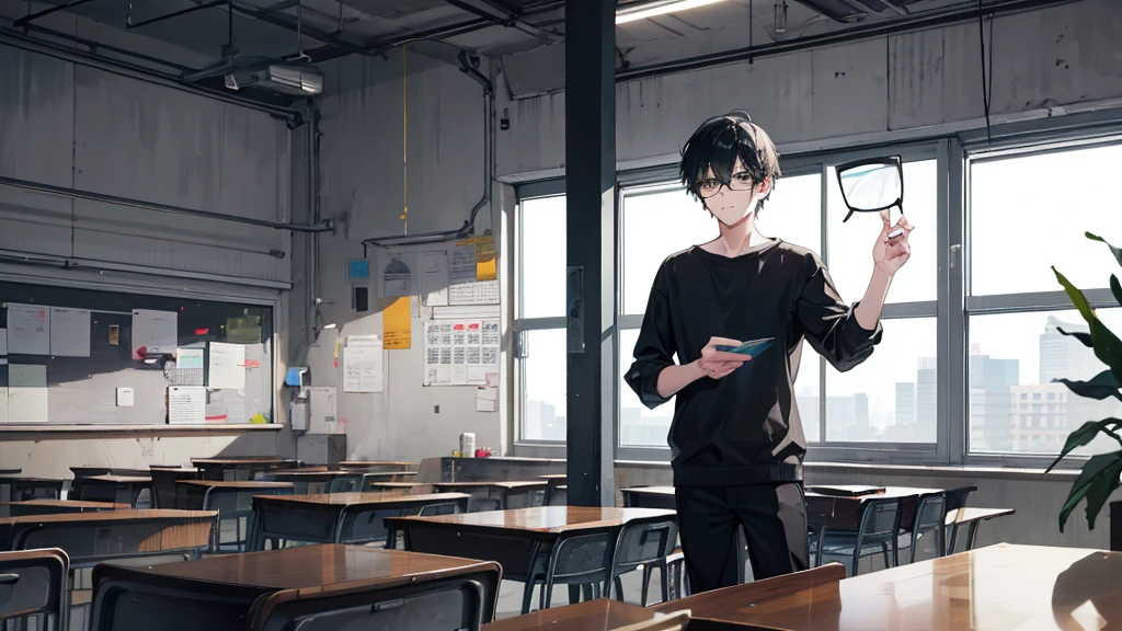 young man, boy, black hair, black eyes, glasses, high , classroom, quiet, gloomy, introvert