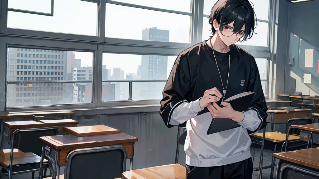 young man, boy, black hair, black eyes, glasses, high , classroom, quiet, gloomy, introvert