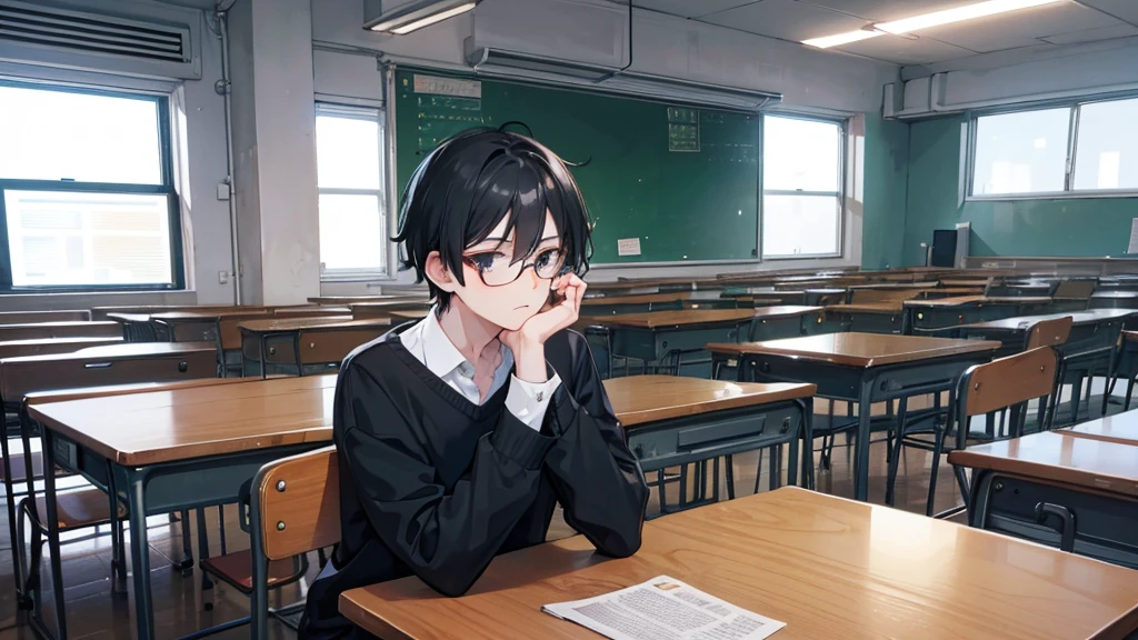young man, boy, black hair, black eyes, glasses, high , classroom, quiet, gloomy, introvert