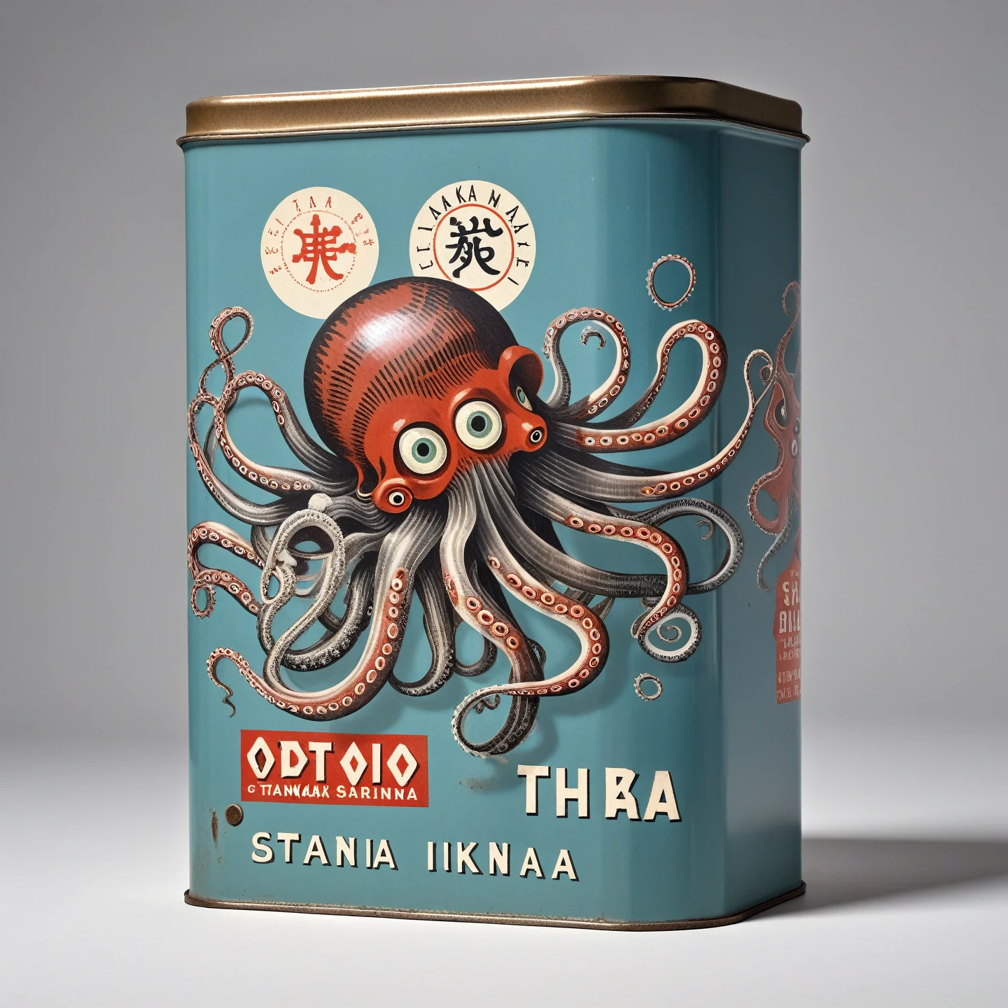 Human with octopus head in traditional flat sardine tin, logo, Tanaka Ikko, Reid Miles, modernist, mid century, helvetica,