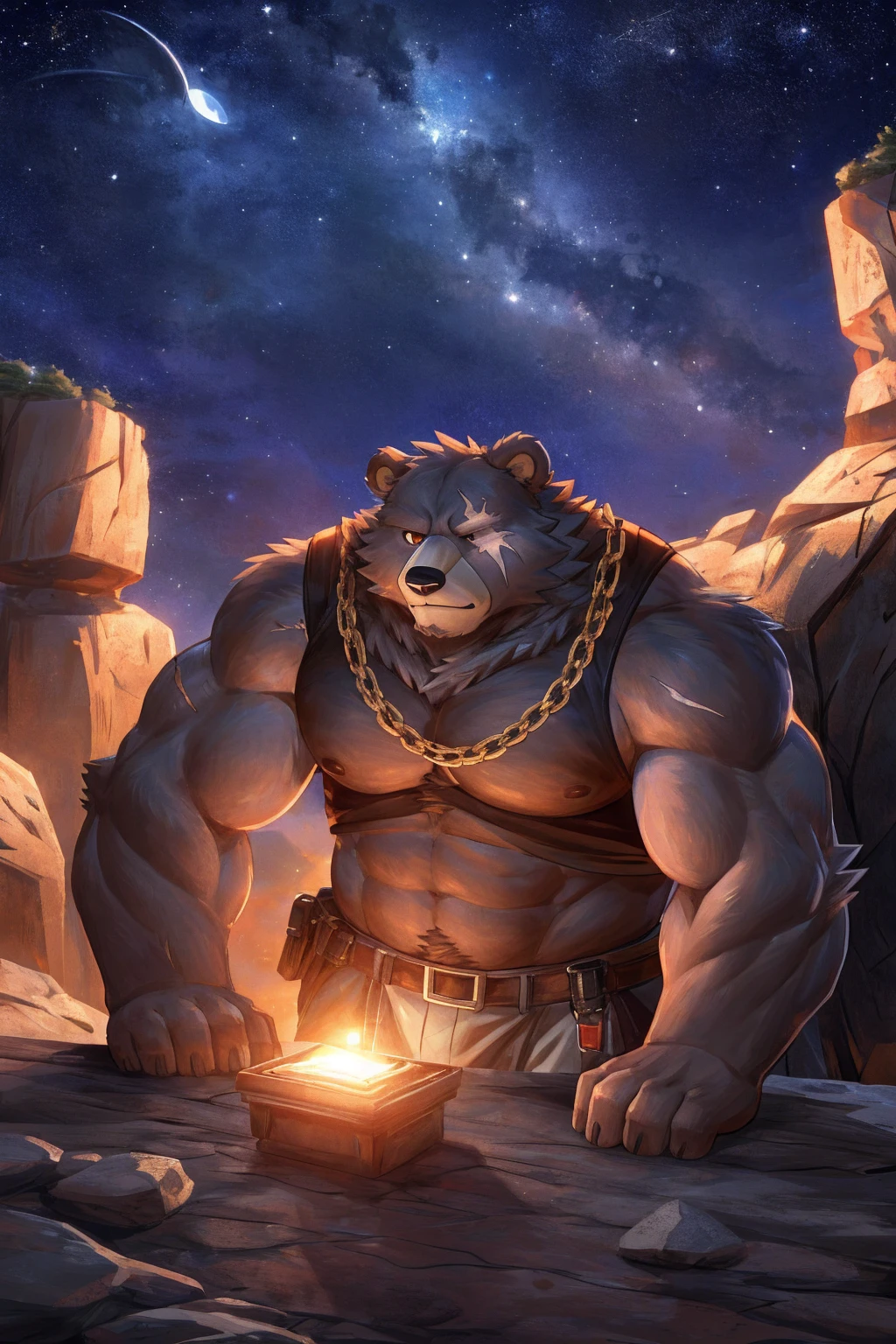 human nature, Wildlife, male,36 years old，Uncle， solitary, ((Round Face, The face is plump,orange eyes,Thick blue hair，Furry little ears with scars)), ((Endomorph, handsome，Hot Blood)), （construction worker，White architectural clothing，Holding a military long knife), ((domestic brown bear, Bear Orc，) Fluffy fur, Fluffy), bokeh, (high quality, high resolution, masterpiece), (Dynamic Lighting, Vibrant colors，Natural fill light), (Revitalize，Handsome，), Full body picture (close up), cartoon, author：Takemoto Arashi, From zixiong, By Chunni, author：Empty Ghost，moonlight，Watching the stars on the cliff，Leaning against the rocks，Two-player combat，Night，Beautiful starry sky，（background：Moonlight Cliff Edge）