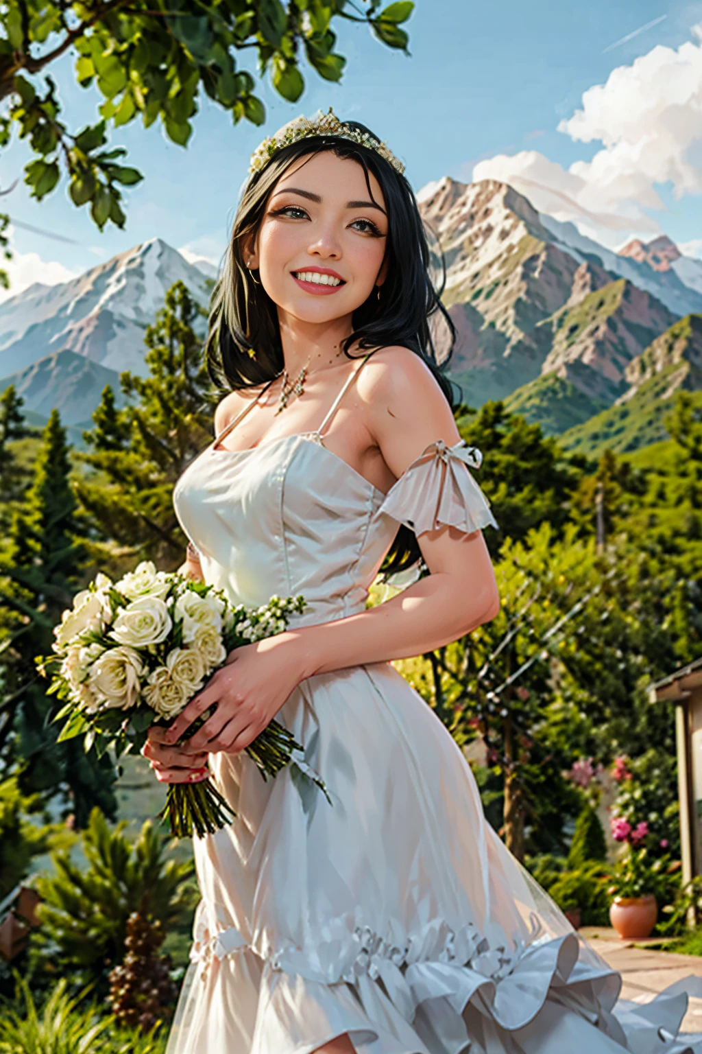 a beautiful woman with long black hair, green eyes, smiling, a portrait of happiness, woman wearing a wedding dress, garden wedding background, mountains in the distance, sexy, escote