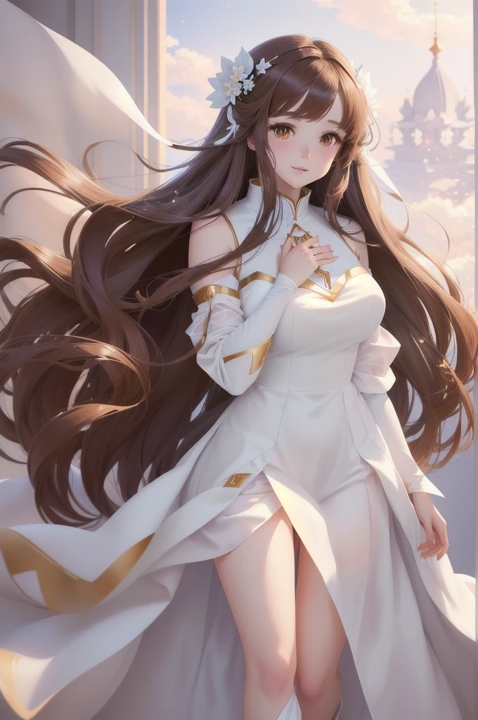 anime girl with long brown hair and white dress in a white room, anime goddess, cute anime waifu in a nice dress, beautiful anime girl, beautiful fantasy anime, anime girl with long brown hair, beautiful anime woman, anime fantasy artwork, beautiful alluring anime woman, ethereal anime, anime style 4 k, anime art wallpaper 8 k, beautiful anime artwork