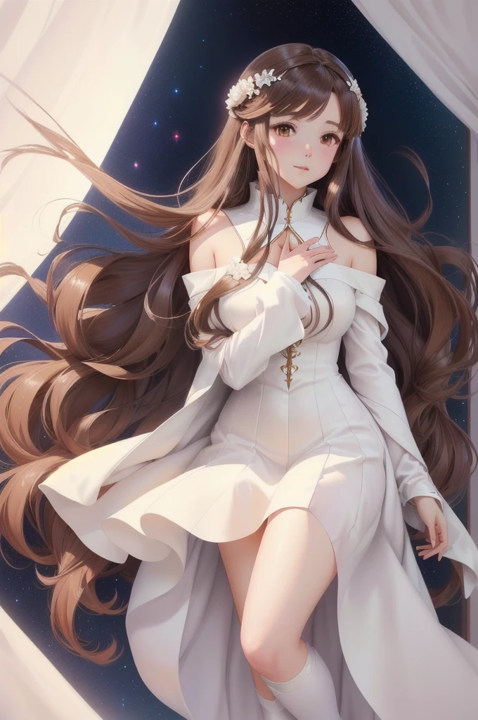 anime girl with long brown hair and white dress in a white room, anime goddess, cute anime waifu in a nice dress, beautiful anime girl, beautiful fantasy anime, anime girl with long brown hair, beautiful anime woman, anime fantasy artwork, beautiful alluring anime woman, ethereal anime, anime style 4 k, anime art wallpaper 8 k, beautiful anime artwork