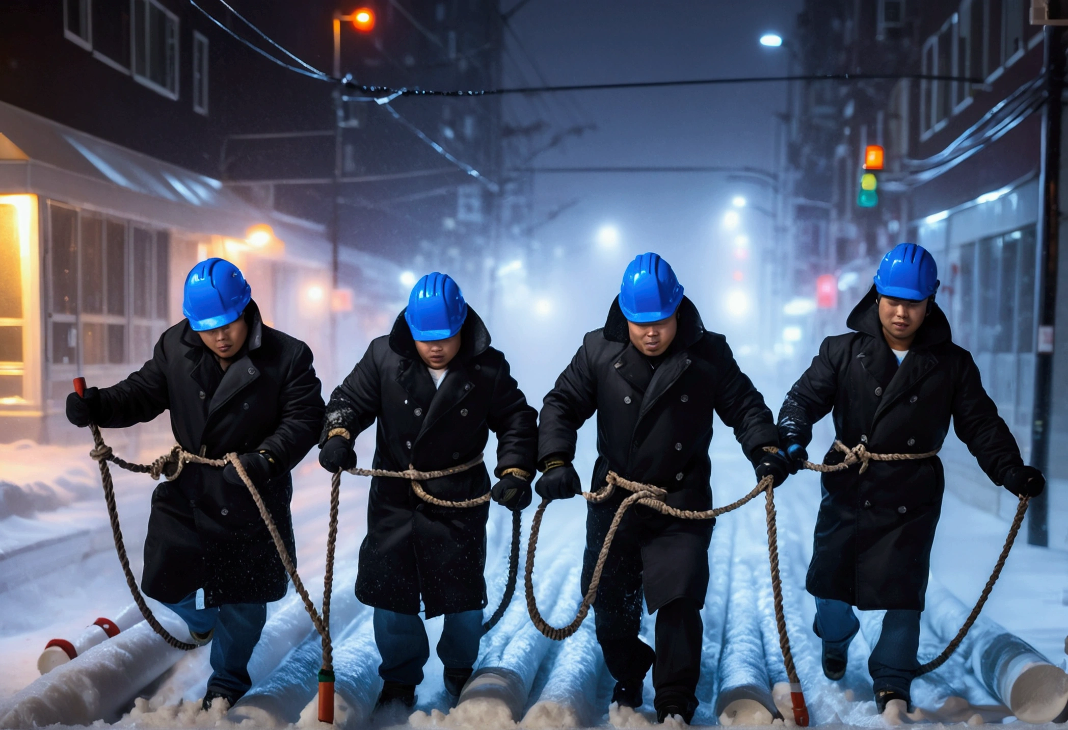 A group of Asian workers wearing blue helmets were pulling pipes forward with ropes. The background is a city street in heavy snow (wearing a black cotton coat: 1.5), (late night, night, night view, lighting: 1.5) (blizzard, blizzard: 1.5), (aerial view, overhead: 1.5)