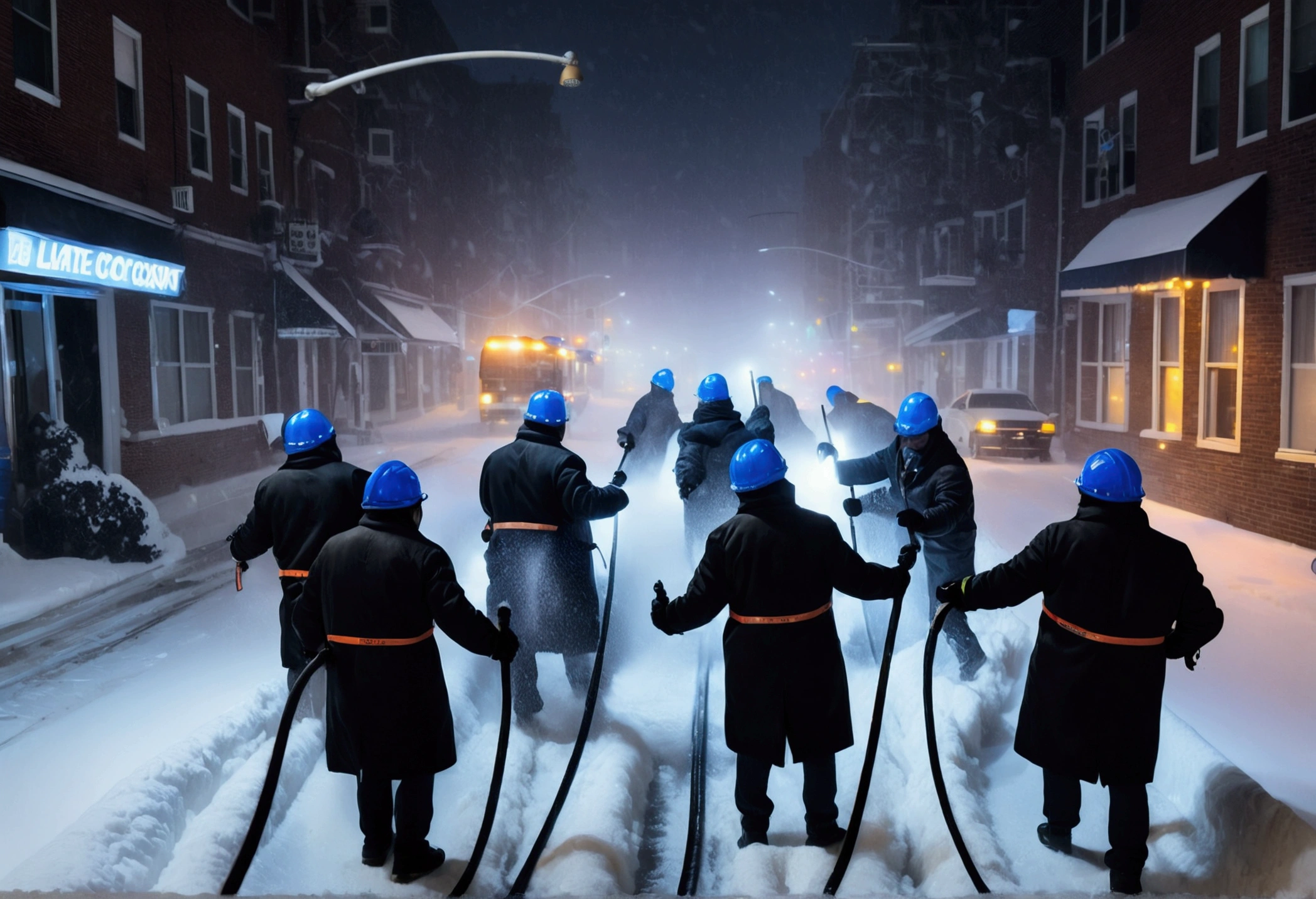 A group of Asian workers wearing blue helmets were pulling pipes forward with ropes. The background is a city street in heavy snow (wearing a black cotton coat: 1.5), (late night, night, night view, lighting: 1.5) (blizzard, blizzard: 1.5), (aerial view, overhead: 1.5)