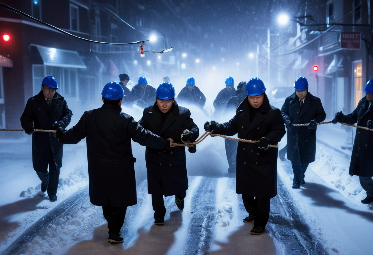 A group of Asian workers wearing blue helmets were pulling pipes forward with ropes. The background is a city street in heavy snow (wearing a black cotton coat: 1.5), (late night, night, night view, lighting: 1.5) (blizzard, blizzard: 1.5), (aerial view, overhead: 1.5)