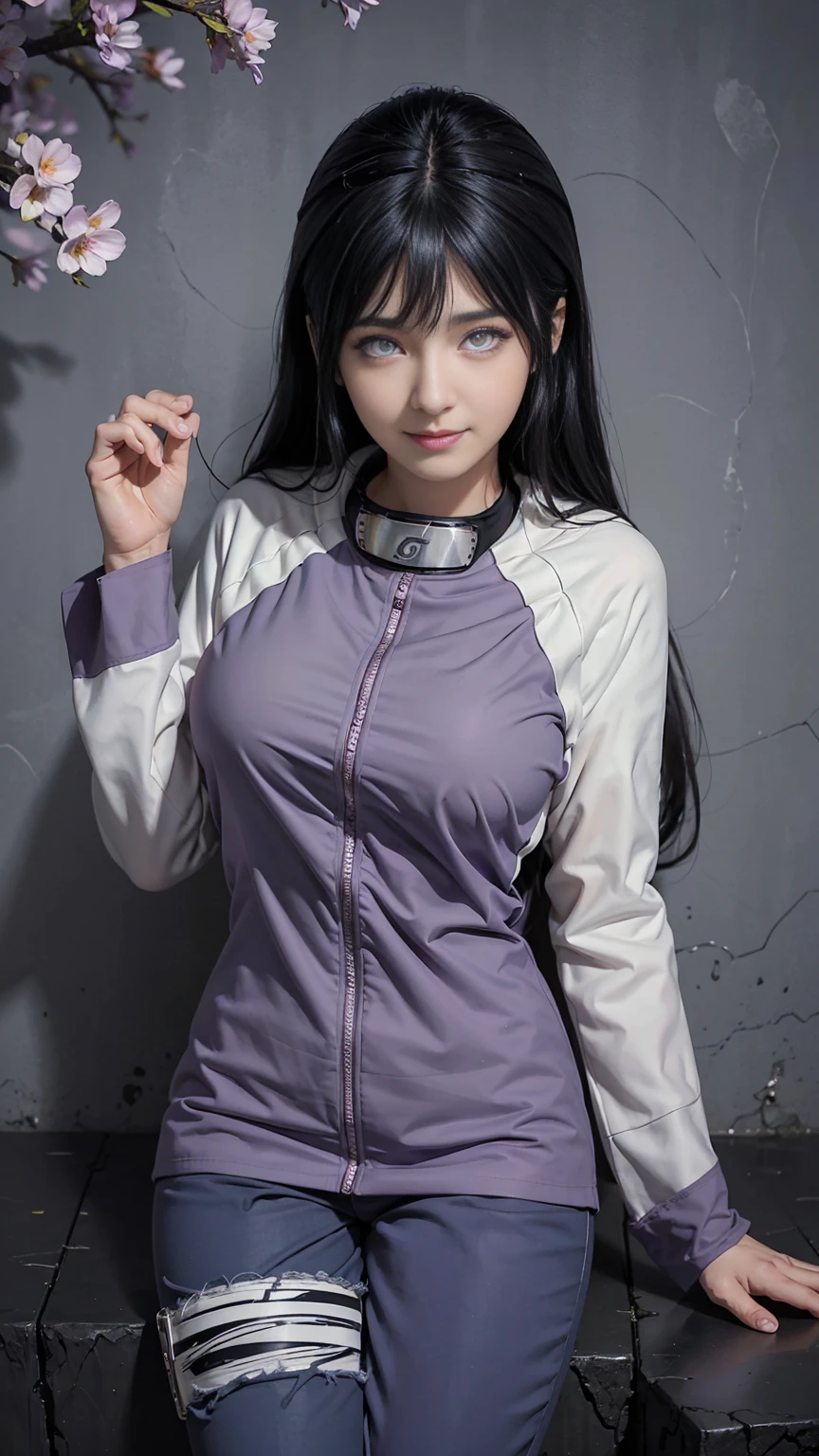 1 girl, Hyuga Hinata in the anime Naruto, long hair, black hair, white eyes, smile, Beautiful, Purple clothes, medium breast, realistic clothes, Clothing Detail, ultra detail, realistic, lying on your back, knees bent, legs spread wide, purple skinny pants