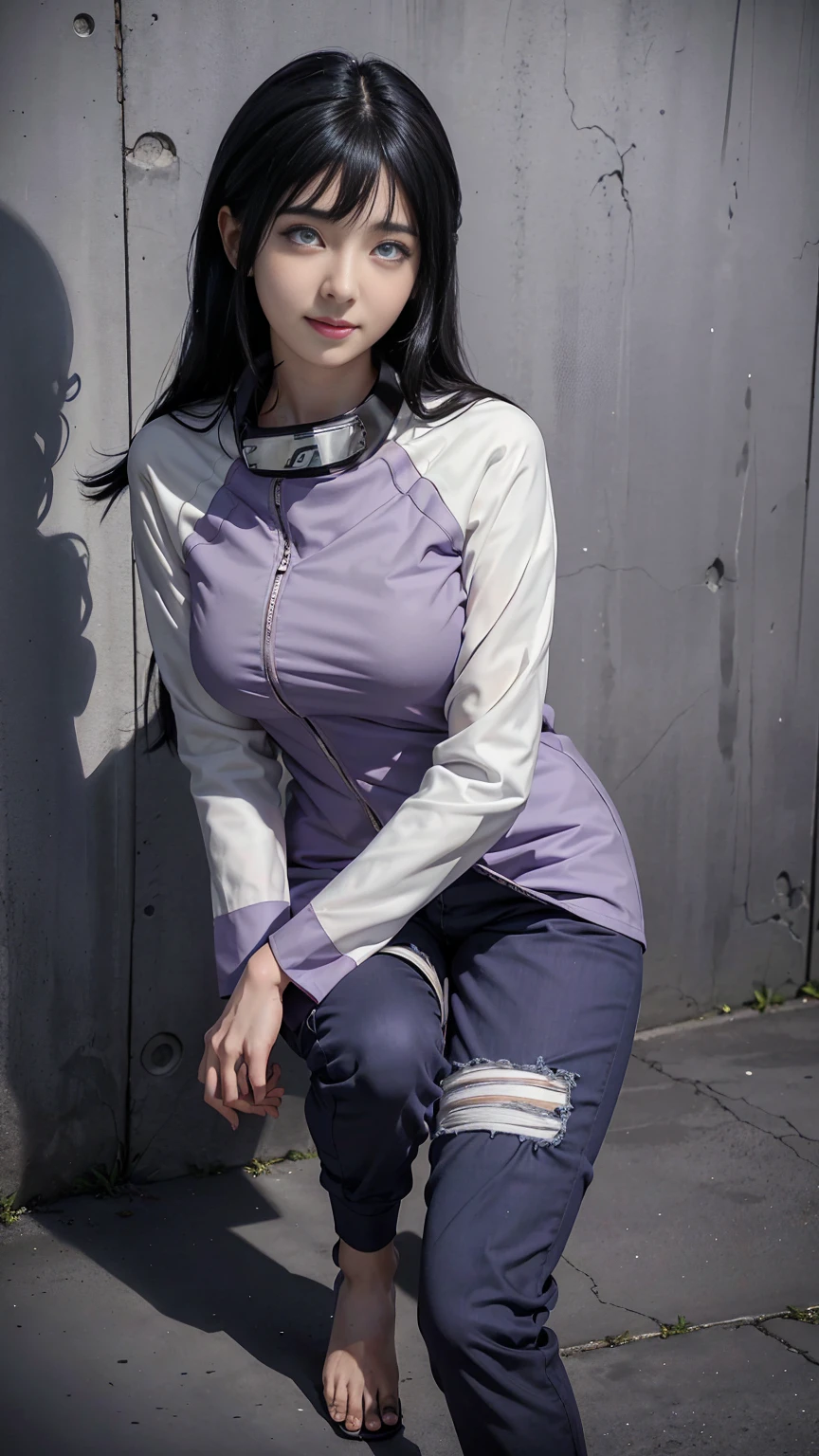 1 girl, Hyuga Hinata in the anime Naruto, long hair, black hair, white eyes, smile, Beautiful, Purple clothes, medium breast, realistic clothes, Clothing Detail, ultra detail, realistic, lying on your back, knees bent, legs spread wide, purple skinny pants