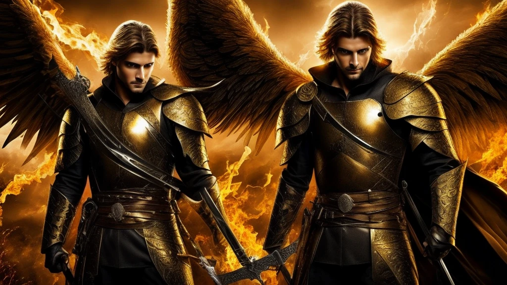 man angel, realisitic, holding sword, gold eyes, fiery eyes