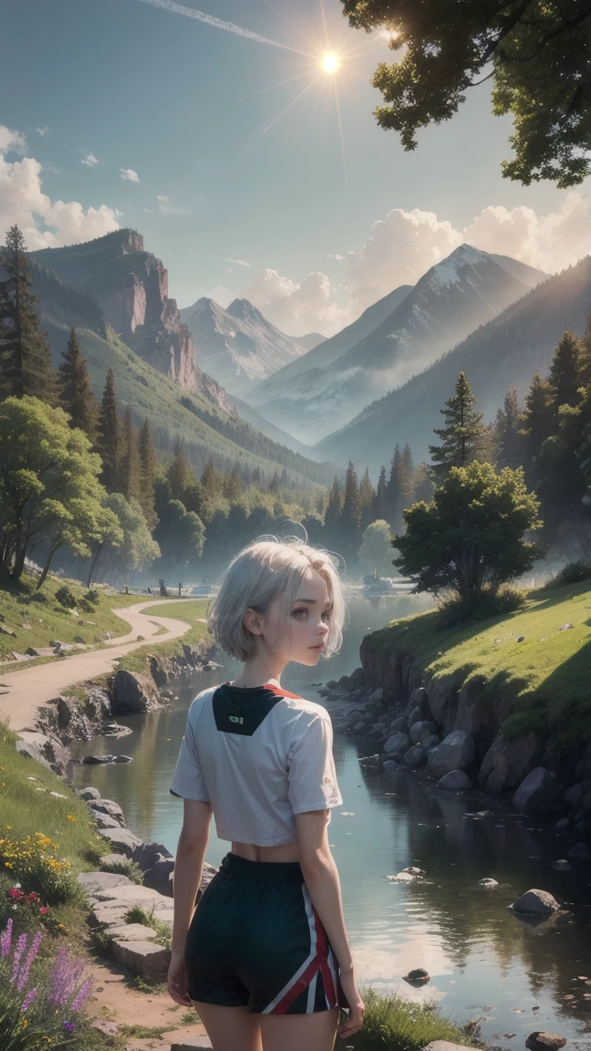 a rather slender figure. She has grayish-white hair, short hair and large light green eyes. The girl enjoys the wonderful view of nature and the surrounding landscape, and this can reflect different expressions such as amazement, joy or peace on her face. You can wear clothes that blend in with the surrounding nature, such as comfortable sportswear or a colorful traditional attire. The natural details around you can also surprise you, such as the green plants, stones and flowers that surround the place. colorful clouds, sun rays through the clouds, a stream reflecting the red sun and a hot afternoon, a stunning landscape, trees, mountains in the background. in best quality, 8k. HDR.
