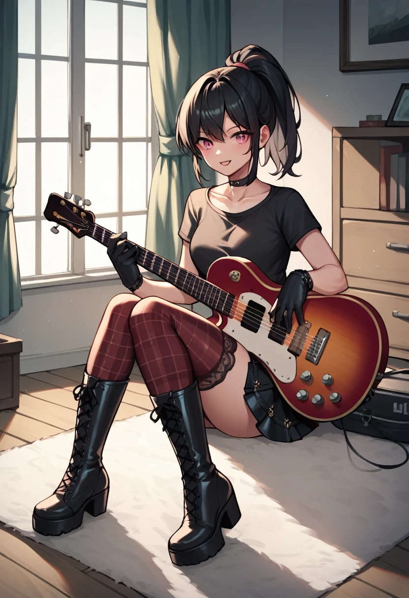 score_9, score_8_up, score_7_up, score_6_up, score_5_up, score_4_up, source_anime, 1woman, worth, black hair, ponytail, pink eyes, clean hair, black shirt, leather skirts, plaid stockings, lace-up boots, platforms, electric guitar, carpet, leather gloves up to the elbows, rooms, best quality, best res, 4K UHD,