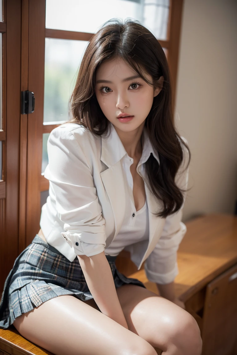 uhd, retina, masterpiece, accurate, anatomically correct, textured skin, super detail, high details, high quality, Awards, best quality, mackerel, 4K,Women over 20 years of age, (((blouse, blazer, Check skirt)))、sexy panties, Japanese beautiful woman、beautiful asian woman、Beautiful Korean Woman、Sexual facial expressions,sexy pose,beautiful face,black eye,white-skinned,small mouth,Protruding cheekbones (definition), sexy pose,(lean forward:1.3), ((lift one's skirt)), (realistic:1.4), cowboy shot, 1 Beautiful Japanese Girl, supermodel, (sit at the desk:1.1), (:1.4), (((skirt lift: 1.6))), (((school classroom background:1.1))),