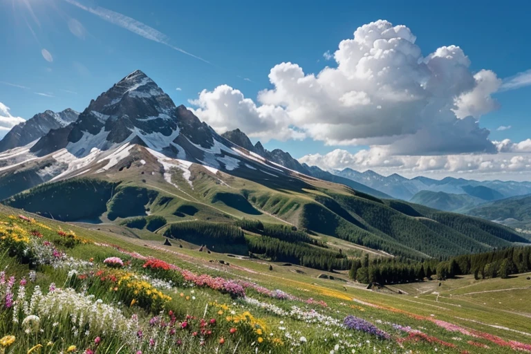 ((Best Quality)), (detailed), mountain of flowers , sunny sky, ((Best Quality)), (big mountain) with many flowers), (detailed)