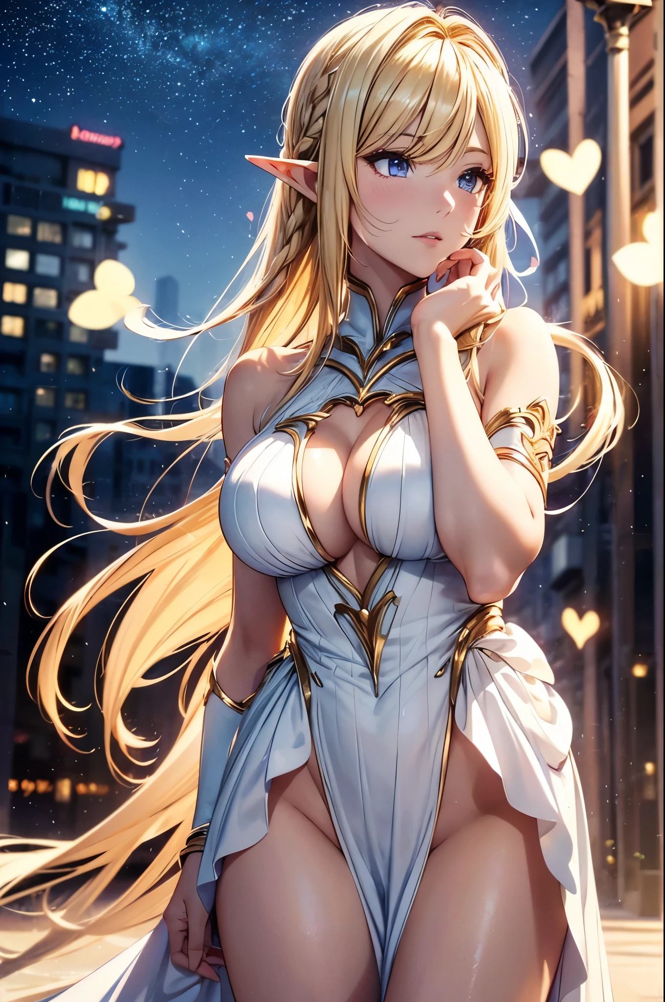 1 elf girl, one person solo, love and heart, (beautiful elf lady), (honey blonde hair Gradient sliver white end:1.6), (streaked beige-blue hair:1.4), (absurdly long wavy hair), hair strand, single sidelock, shiny hair, floating hair, (symphony purple eyes), high-detailed and delicate eyes, colourful eyes makeup, red lips, ultra detailed facial, upturned elf pointy ears, porcelain skin, warm tone skin, whole body, extreme detailed, break, 
  Extra long white detailed classic dress, Graphic printing clothes, classic and simple clothing masterpiece, (several heart swirl around the body), ( _give heart _give love:1.4
), break, 
  Walking on the street, in the cyberpunk future city, old street, looking at the starry night sky, star night, meteor, cloud, neon, heart, detailed background, beautiful background, bloom, break, 
  Full body, photography art, shallow depth of field, fine focus, 8K photo, chiaroscuro, sparkle, Volumetric lighting, [Edge lighting], studio lighting, cinematic lighting, (realistic, photorealistic, photo-realistic:1.37), ultra-fine painting, break,
  Love theme anime, Loving theme illustration, (the art of crossover ancient classics with future technology), realism, イーブイの絵, best quality, 8K quality, HDR, UHD, 8K, super detail, masterpiece, highres,, CG unity, 